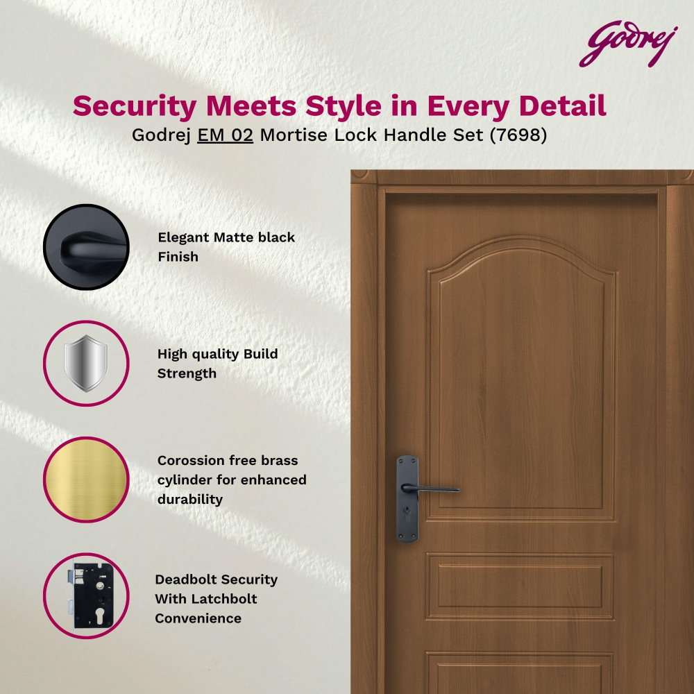 Godrej Mortise Lock I Handle Set 1CK EM02 I Matt Black Finish I 6-Lever Lock I 3 Keys I Double Throw I 5